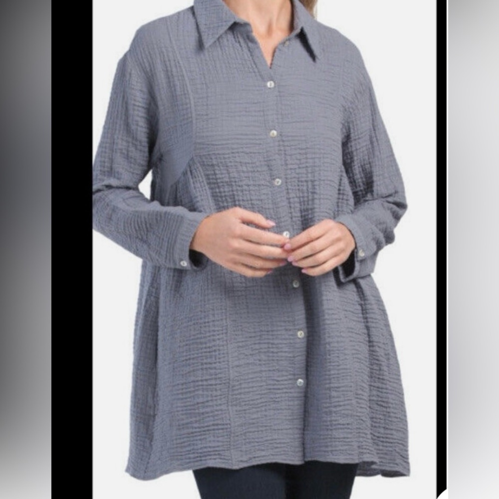 ZARA Boho Beach Gauze Crinkle Cotton A-Line Grey/Blue Tunic/Mini Shirt Dress XS